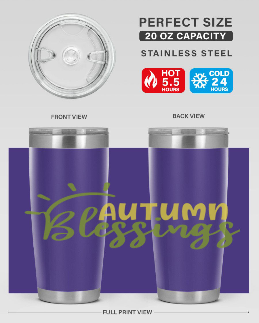 Autumn Blessings 20oz Tumbler featuring a stylish design, double wall vacuum insulation, and a drink-thru lid, perfect for Thanksgiving.