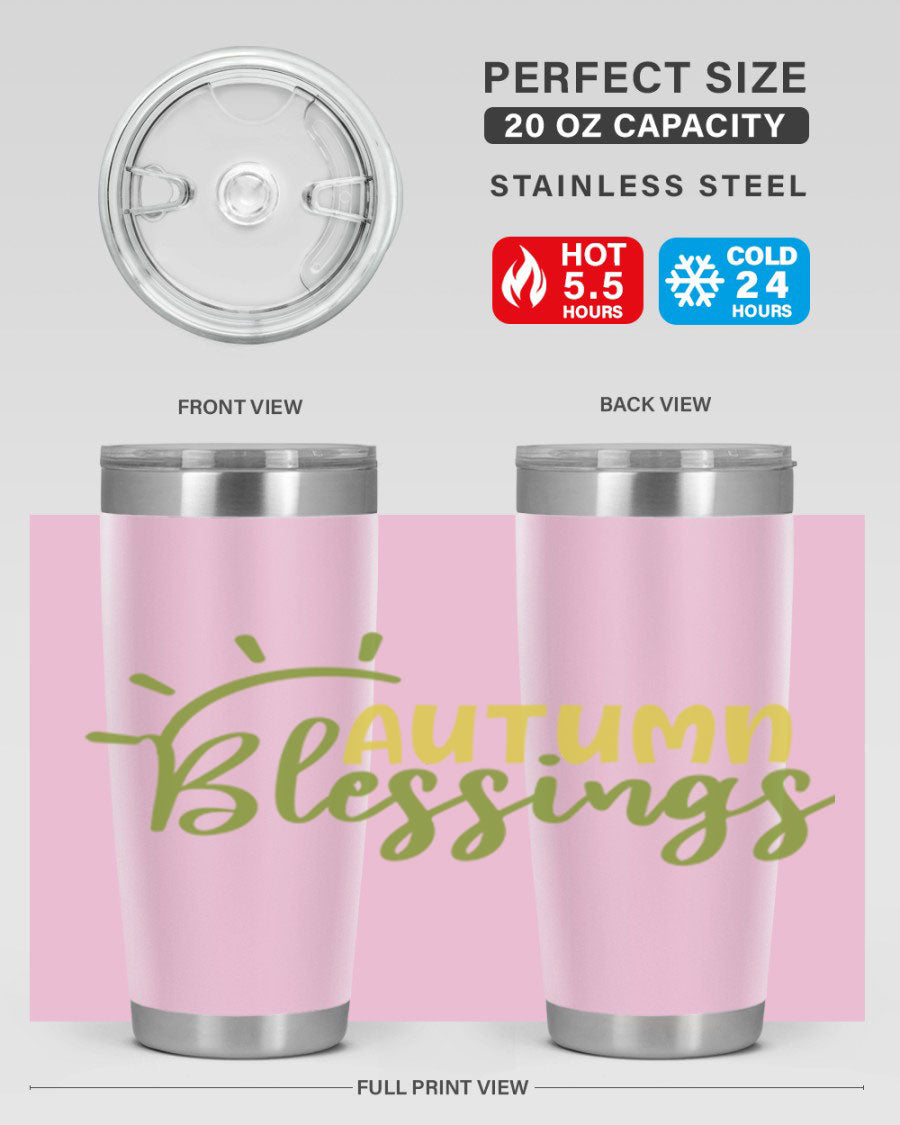 Autumn Blessings 20oz Tumbler featuring a stylish design, double wall vacuum insulation, and a drink-thru lid, perfect for Thanksgiving.