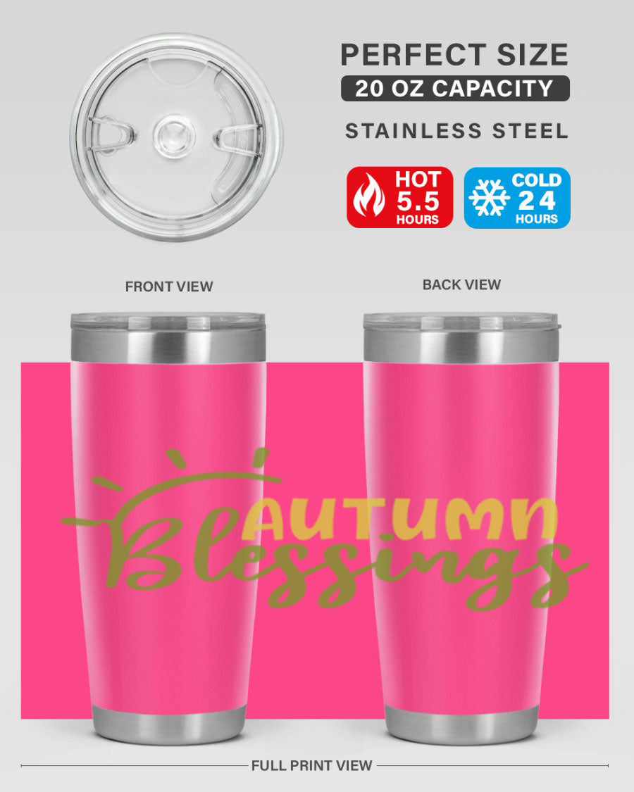 Autumn Blessings 20oz Tumbler featuring a stylish design, double wall vacuum insulation, and a drink-thru lid, perfect for Thanksgiving.