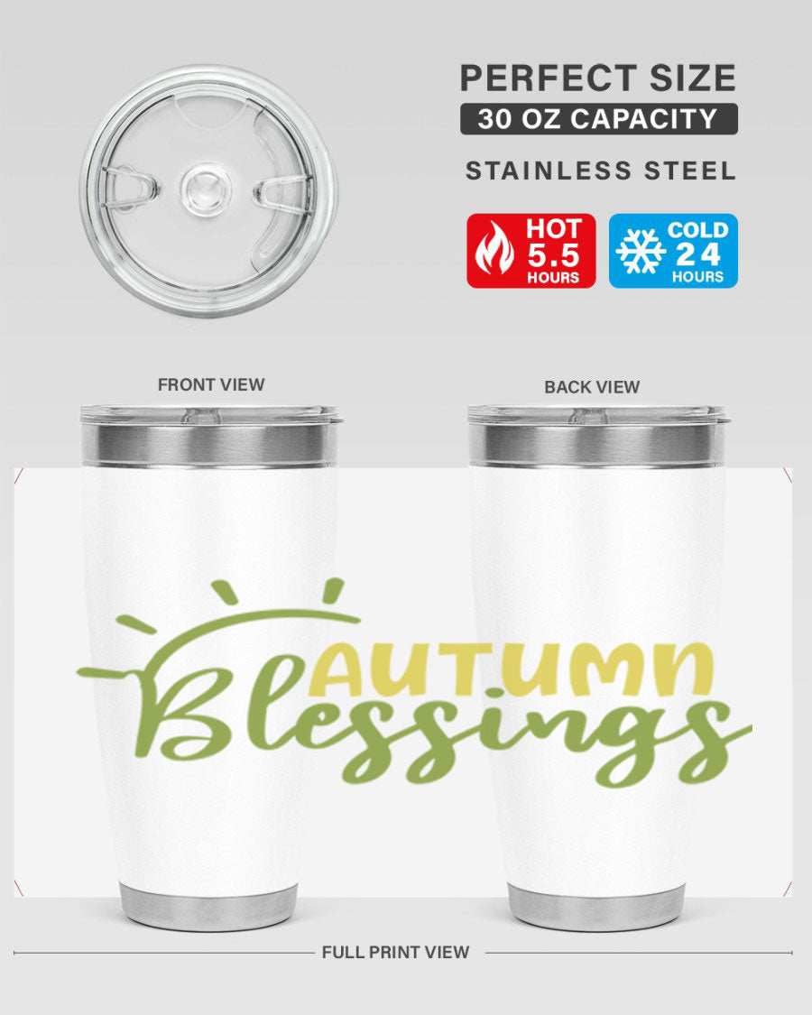 Autumn Blessings 20oz Tumbler featuring a stylish design, double wall vacuum insulation, and a drink-thru lid, perfect for Thanksgiving.