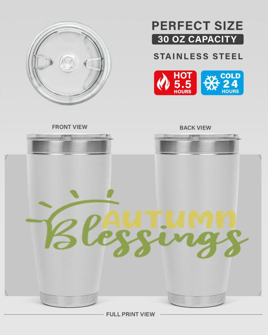 Autumn Blessings 20oz Tumbler featuring a stylish design, double wall vacuum insulation, and a drink-thru lid, perfect for Thanksgiving.