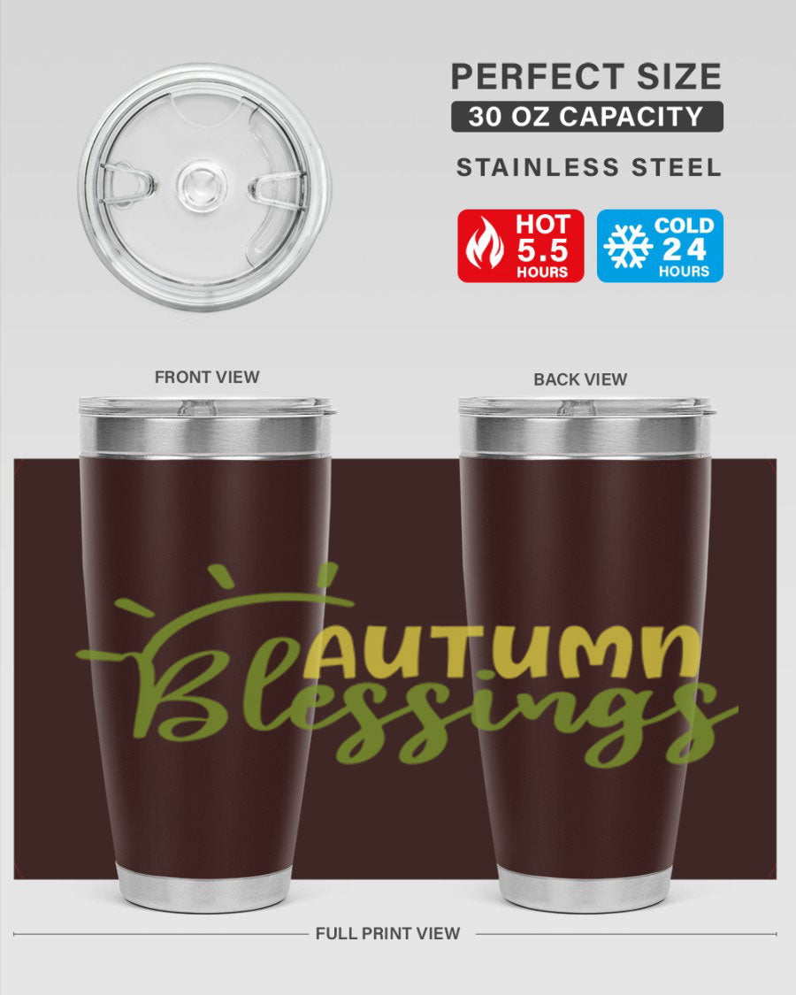 Autumn Blessings 20oz Tumbler featuring a stylish design, double wall vacuum insulation, and a drink-thru lid, perfect for Thanksgiving.