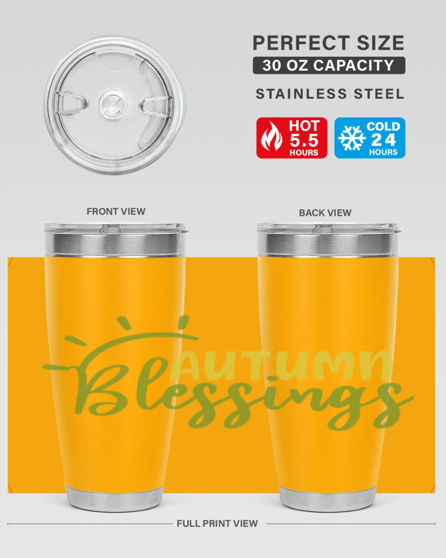 Autumn Blessings 20oz Tumbler featuring a stylish design, double wall vacuum insulation, and a drink-thru lid, perfect for Thanksgiving.