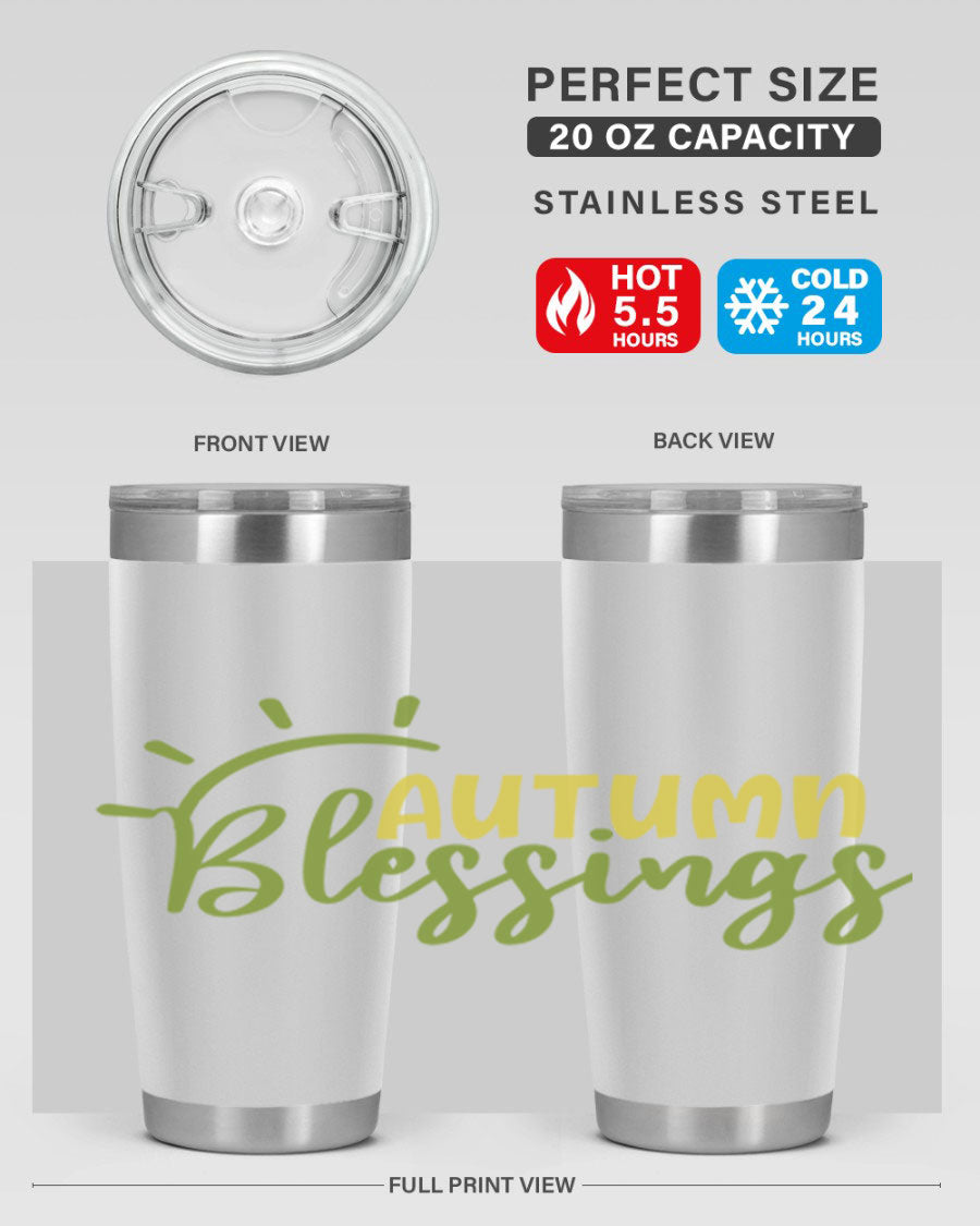 Autumn Blessings 20oz Tumbler featuring a stylish design, double wall vacuum insulation, and a drink-thru lid, perfect for Thanksgiving.