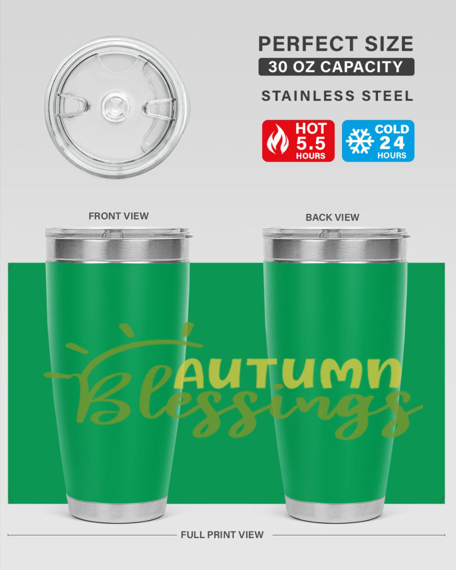 Autumn Blessings 20oz Tumbler featuring a stylish design, double wall vacuum insulation, and a drink-thru lid, perfect for Thanksgiving.