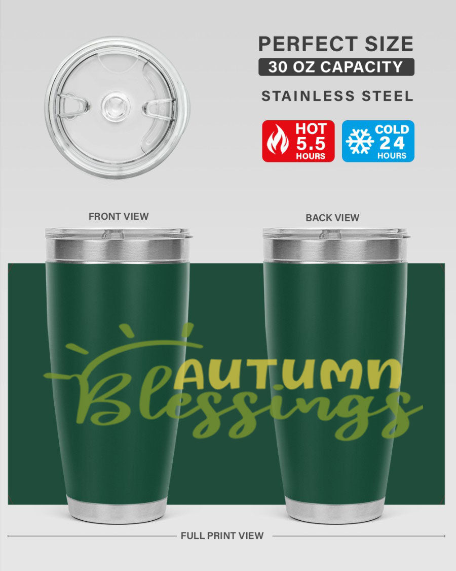 Autumn Blessings 20oz Tumbler featuring a stylish design, double wall vacuum insulation, and a drink-thru lid, perfect for Thanksgiving.