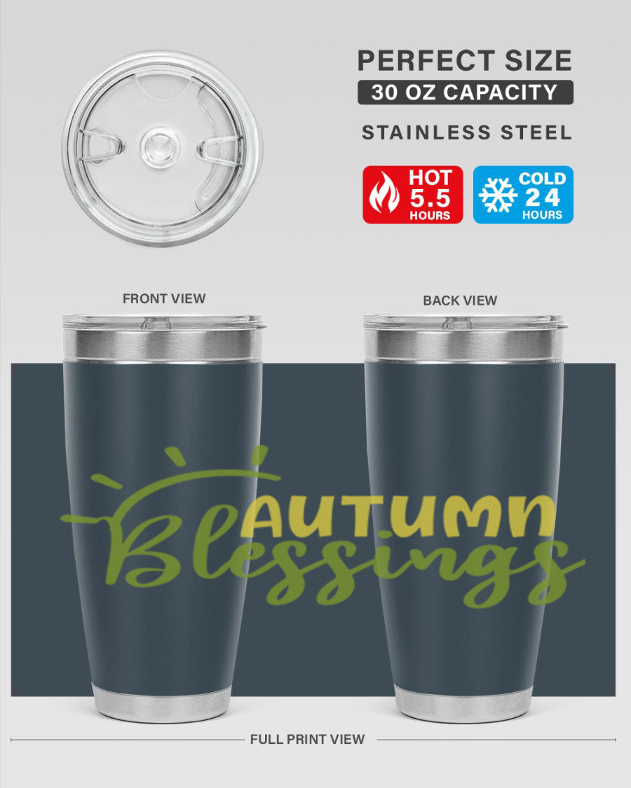 Autumn Blessings 20oz Tumbler featuring a stylish design, double wall vacuum insulation, and a drink-thru lid, perfect for Thanksgiving.