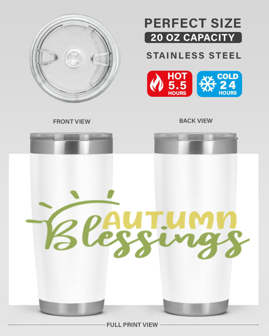 Autumn Blessings 20oz Tumbler featuring a stylish design, double wall vacuum insulation, and a drink-thru lid, perfect for Thanksgiving.