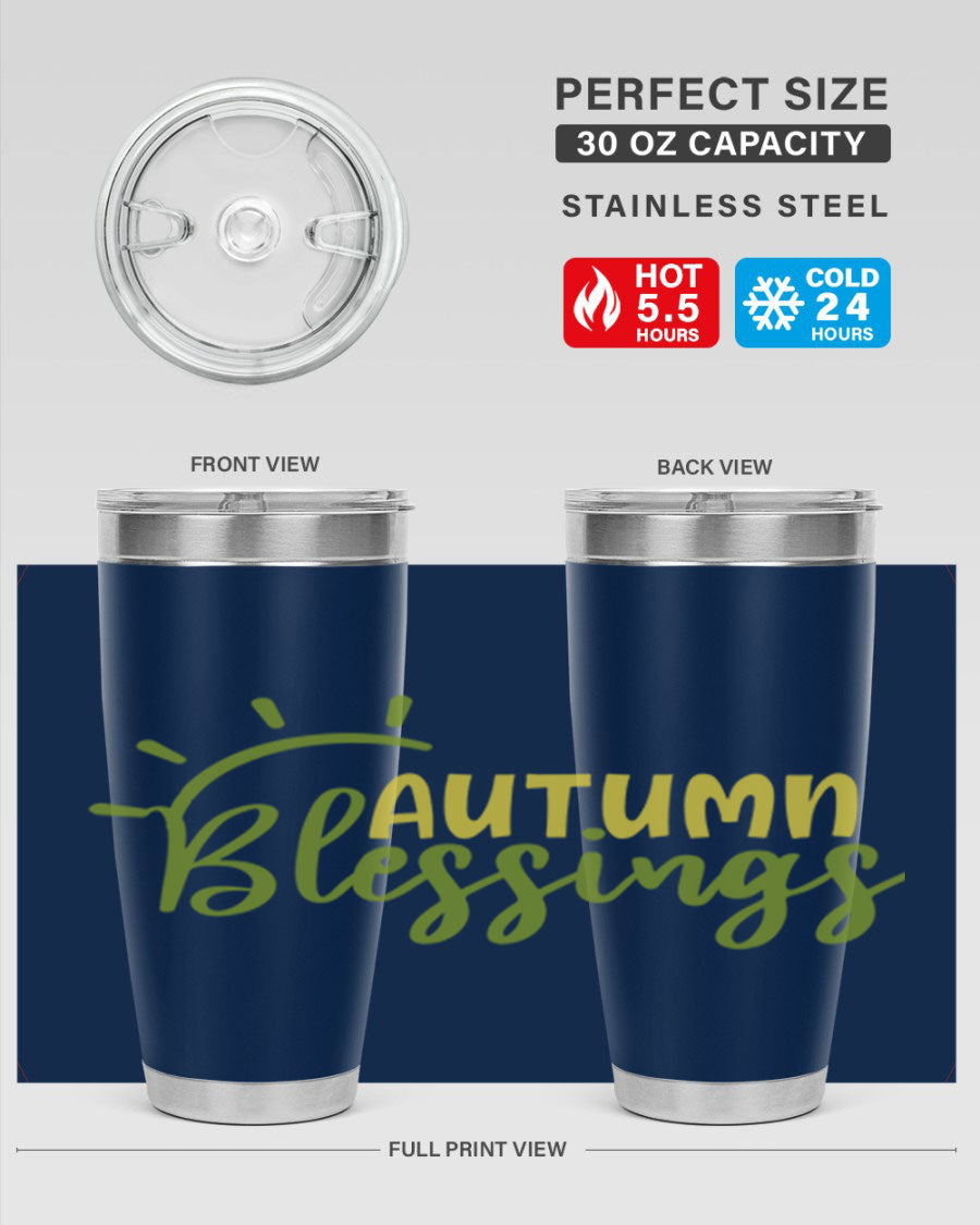 Autumn Blessings 20oz Tumbler featuring a stylish design, double wall vacuum insulation, and a drink-thru lid, perfect for Thanksgiving.