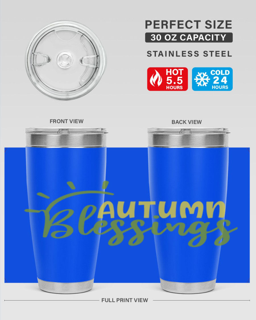 Autumn Blessings 20oz Tumbler featuring a stylish design, double wall vacuum insulation, and a drink-thru lid, perfect for Thanksgiving.