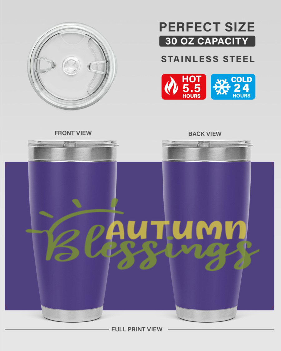 Autumn Blessings 20oz Tumbler featuring a stylish design, double wall vacuum insulation, and a drink-thru lid, perfect for Thanksgiving.