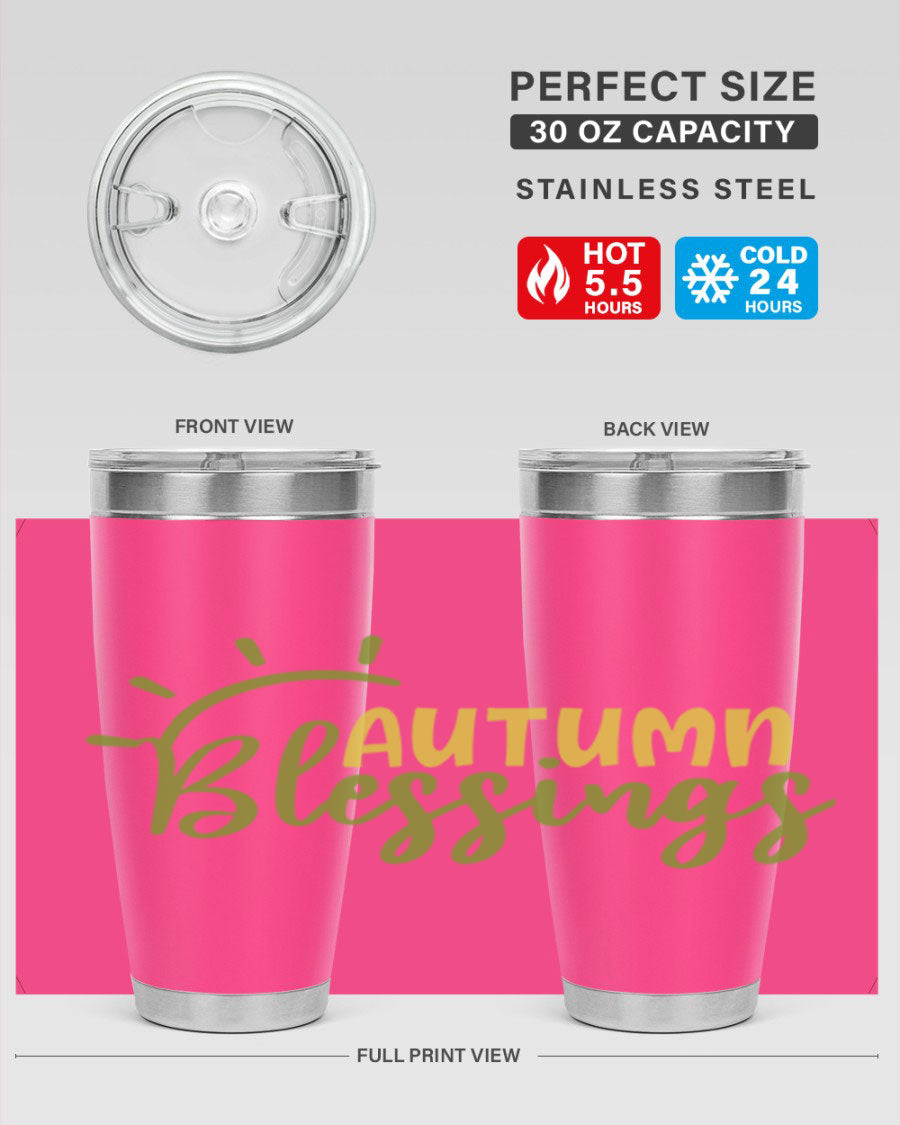 Autumn Blessings 20oz Tumbler featuring a stylish design, double wall vacuum insulation, and a drink-thru lid, perfect for Thanksgiving.