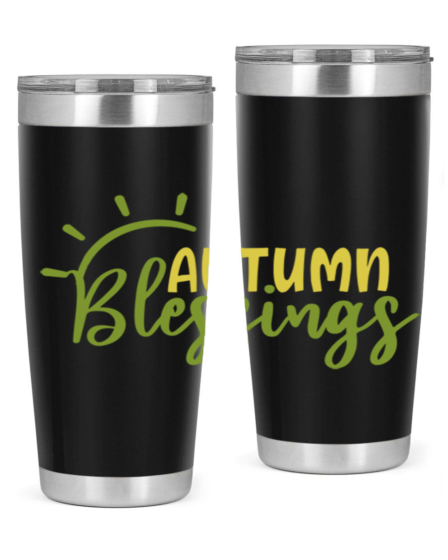 Autumn Blessings 20oz Tumbler featuring a stylish design, double wall vacuum insulation, and a drink-thru lid, perfect for Thanksgiving.