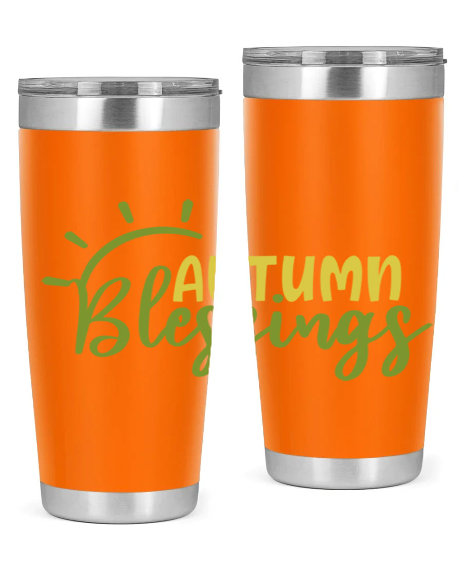 Autumn Blessings 20oz Tumbler featuring a stylish design, double wall vacuum insulation, and a drink-thru lid, perfect for Thanksgiving.