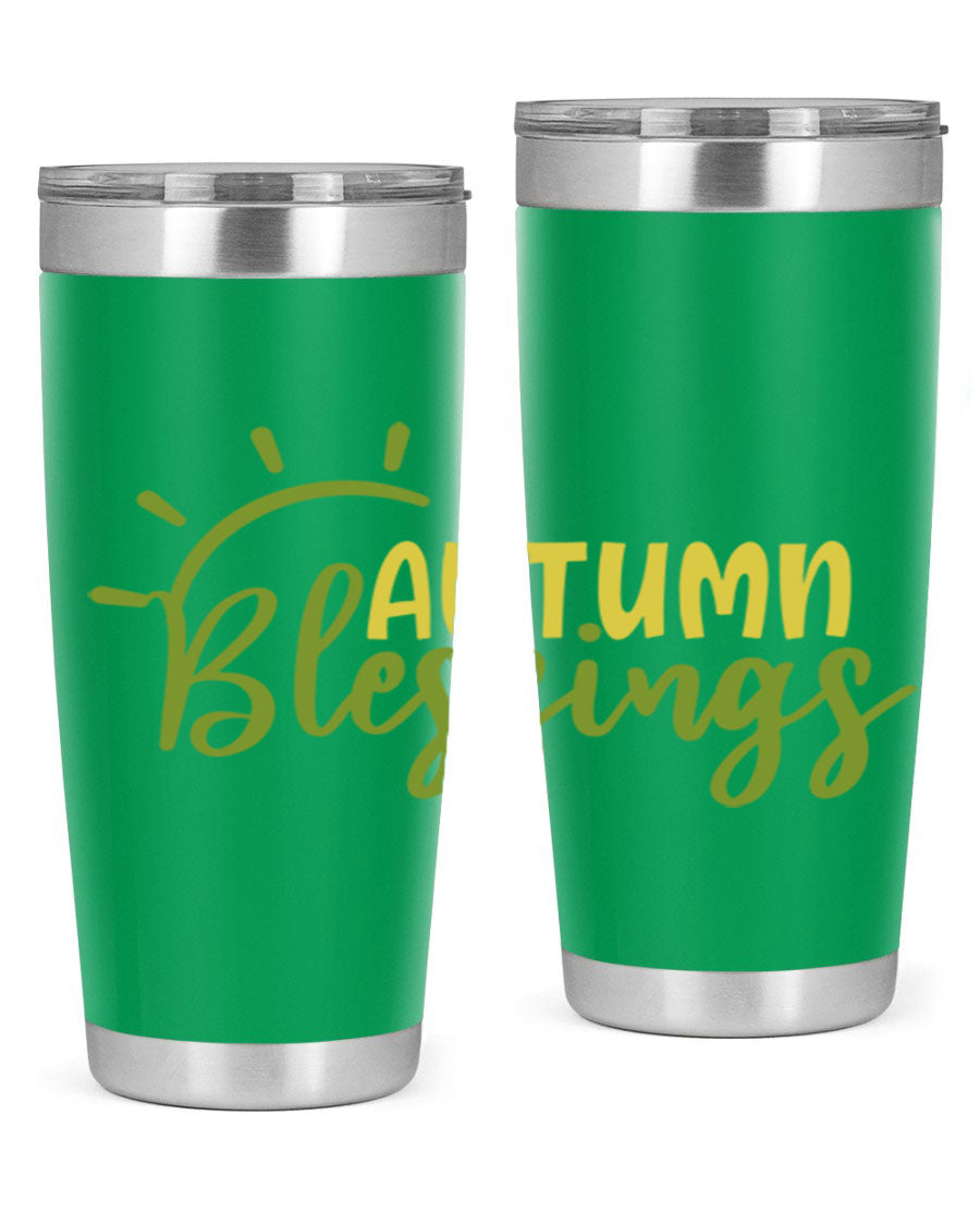 Autumn Blessings 20oz Tumbler featuring a stylish design, double wall vacuum insulation, and a drink-thru lid, perfect for Thanksgiving.