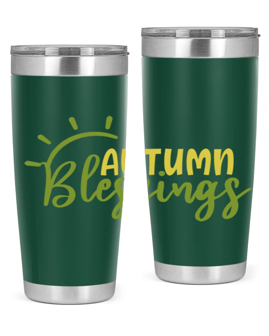 Autumn Blessings 20oz Tumbler featuring a stylish design, double wall vacuum insulation, and a drink-thru lid, perfect for Thanksgiving.