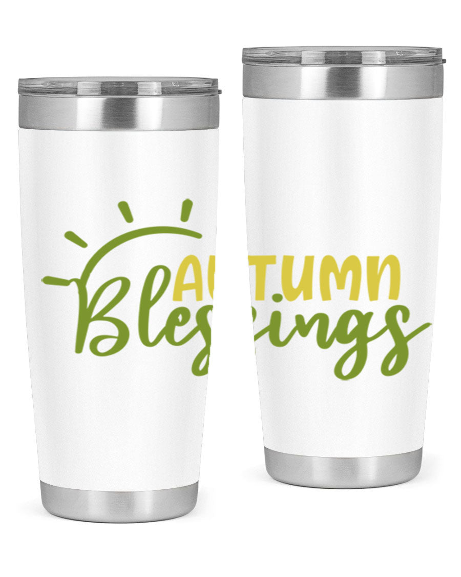 Autumn Blessings 20oz Tumbler featuring a stylish design, double wall vacuum insulation, and a drink-thru lid, perfect for Thanksgiving.