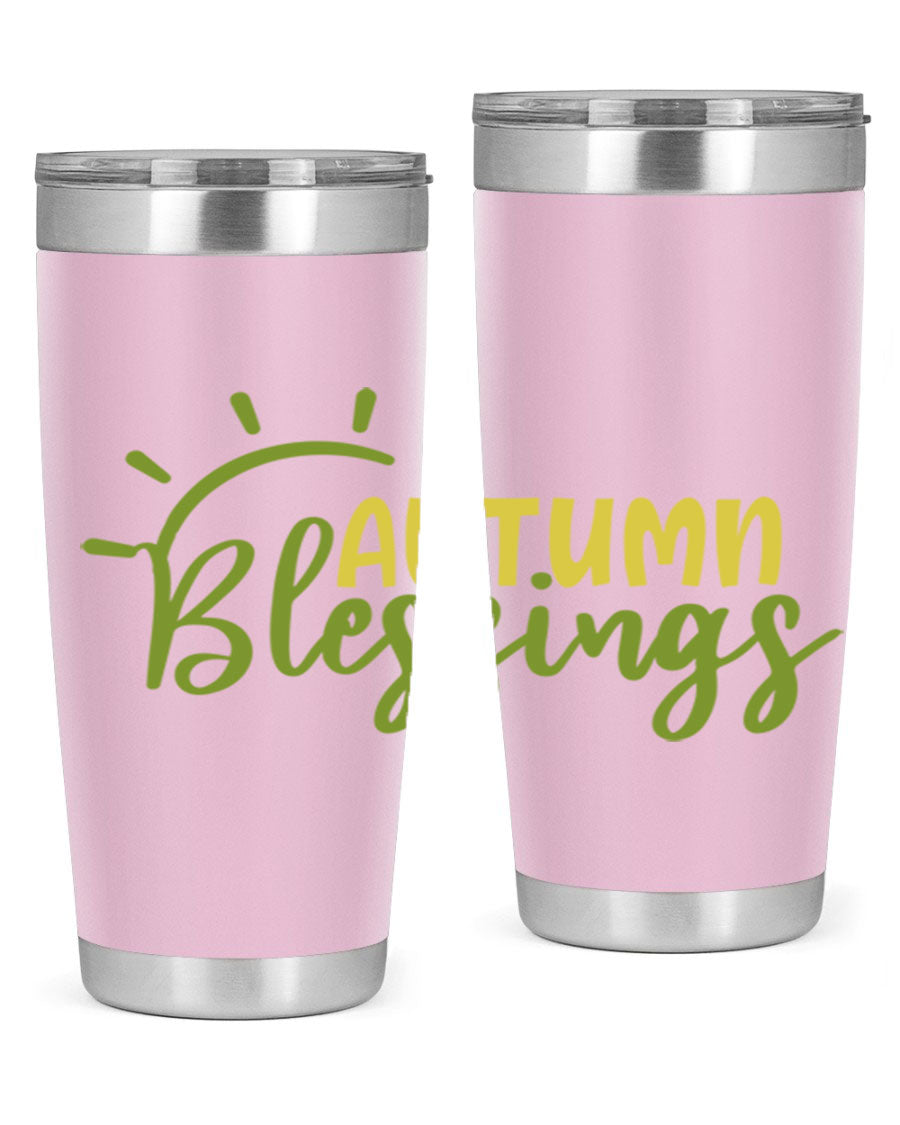 Autumn Blessings 20oz Tumbler featuring a stylish design, double wall vacuum insulation, and a drink-thru lid, perfect for Thanksgiving.