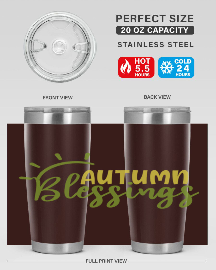 Autumn Blessings 20oz Tumbler featuring a stylish design, double wall vacuum insulation, and a drink-thru lid, perfect for Thanksgiving.