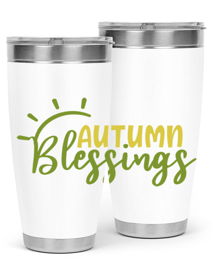 Autumn Blessings 20oz Tumbler featuring a stylish design, double wall vacuum insulation, and a drink-thru lid, perfect for Thanksgiving.