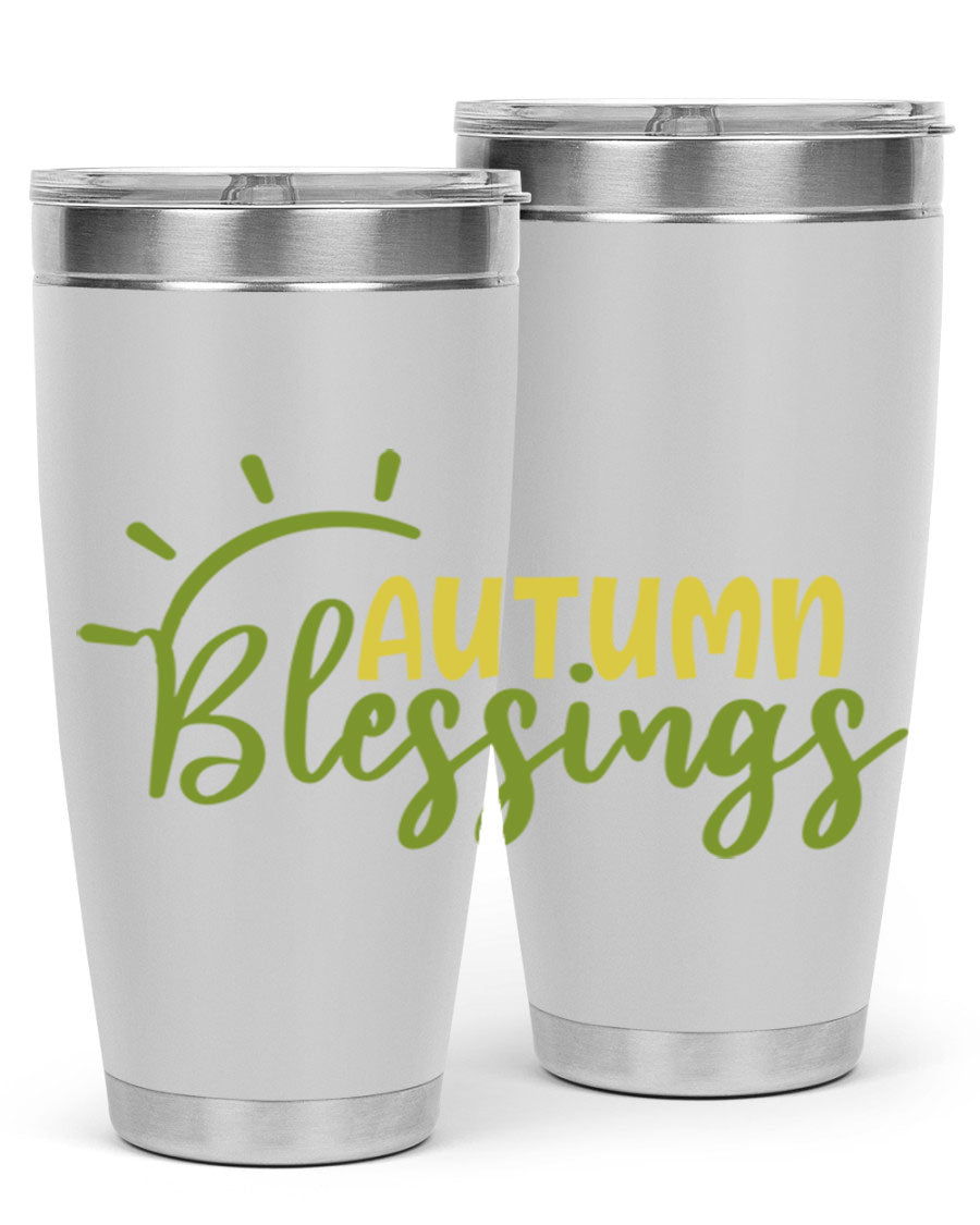 Autumn Blessings 20oz Tumbler featuring a stylish design, double wall vacuum insulation, and a drink-thru lid, perfect for Thanksgiving.