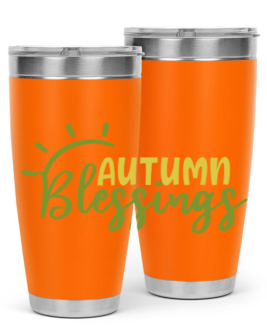 Autumn Blessings 20oz Tumbler featuring a stylish design, double wall vacuum insulation, and a drink-thru lid, perfect for Thanksgiving.