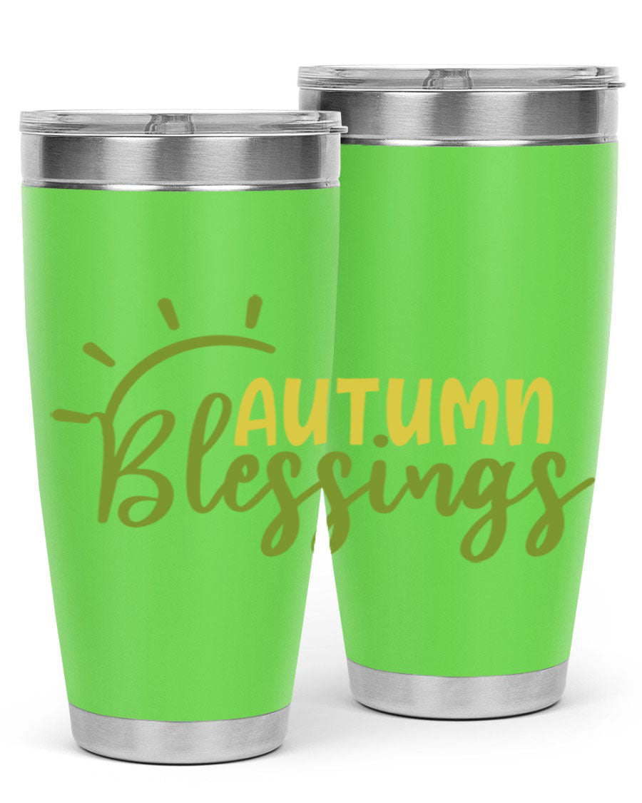 Autumn Blessings 20oz Tumbler featuring a stylish design, double wall vacuum insulation, and a drink-thru lid, perfect for Thanksgiving.