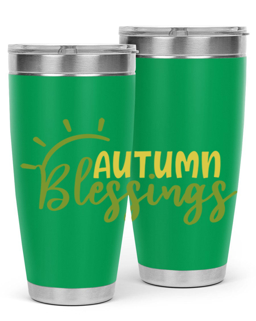 Autumn Blessings 20oz Tumbler featuring a stylish design, double wall vacuum insulation, and a drink-thru lid, perfect for Thanksgiving.