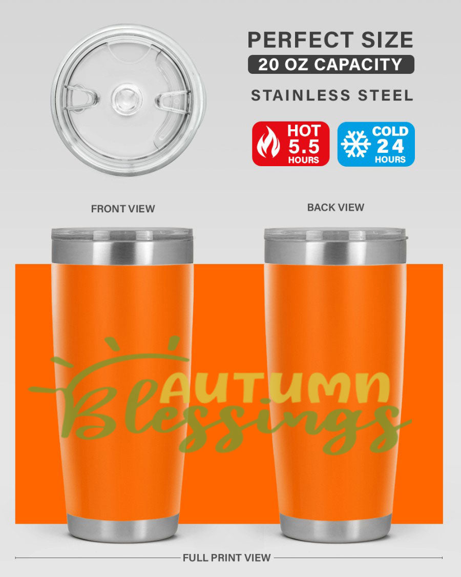 Autumn Blessings 20oz Tumbler featuring a stylish design, double wall vacuum insulation, and a drink-thru lid, perfect for Thanksgiving.