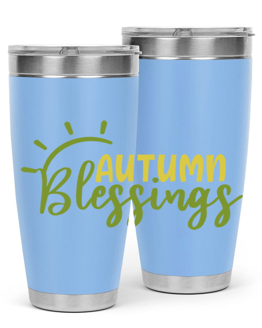 Autumn Blessings 20oz Tumbler featuring a stylish design, double wall vacuum insulation, and a drink-thru lid, perfect for Thanksgiving.