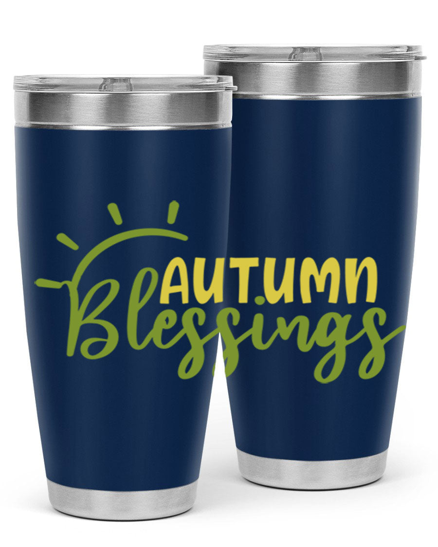 Autumn Blessings 20oz Tumbler featuring a stylish design, double wall vacuum insulation, and a drink-thru lid, perfect for Thanksgiving.