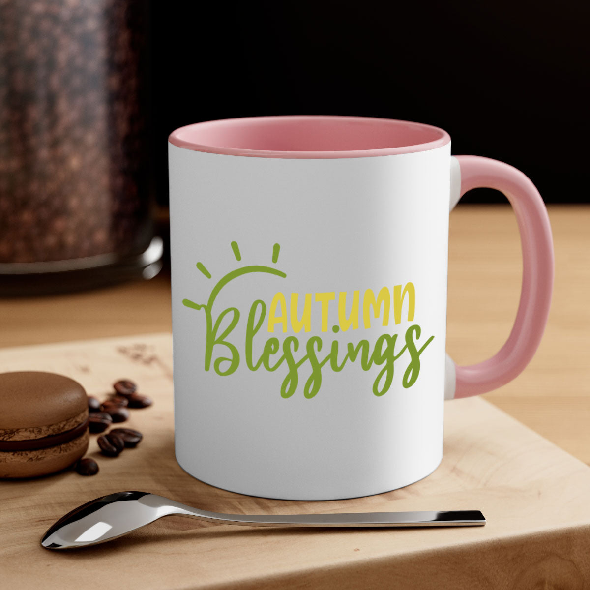 Autumn Blessings Mug featuring a two-tone design with a colored handle and glossy finish, available in multiple colors.