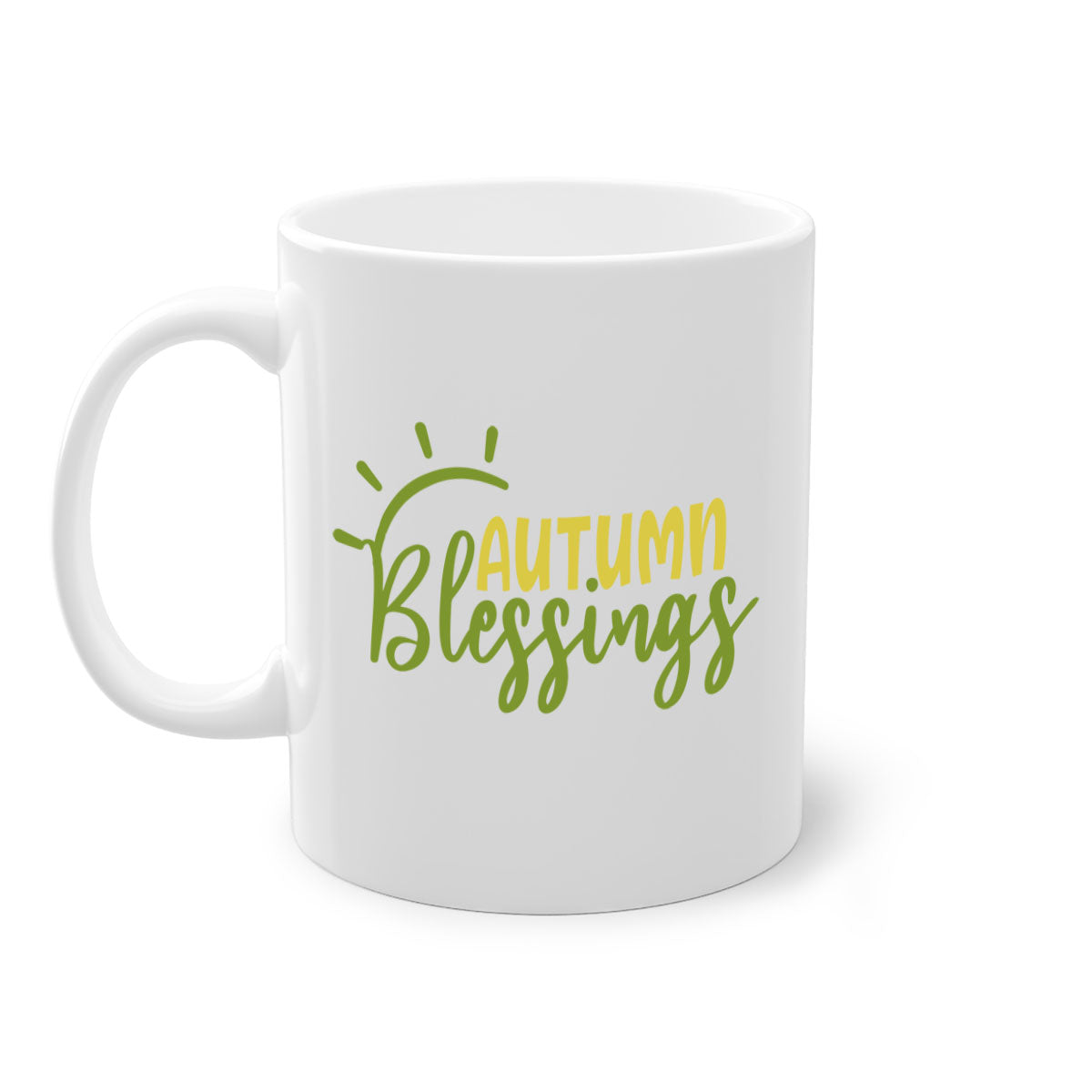 Autumn Blessings Mug featuring a two-tone design with a colored handle and glossy finish, available in multiple colors.