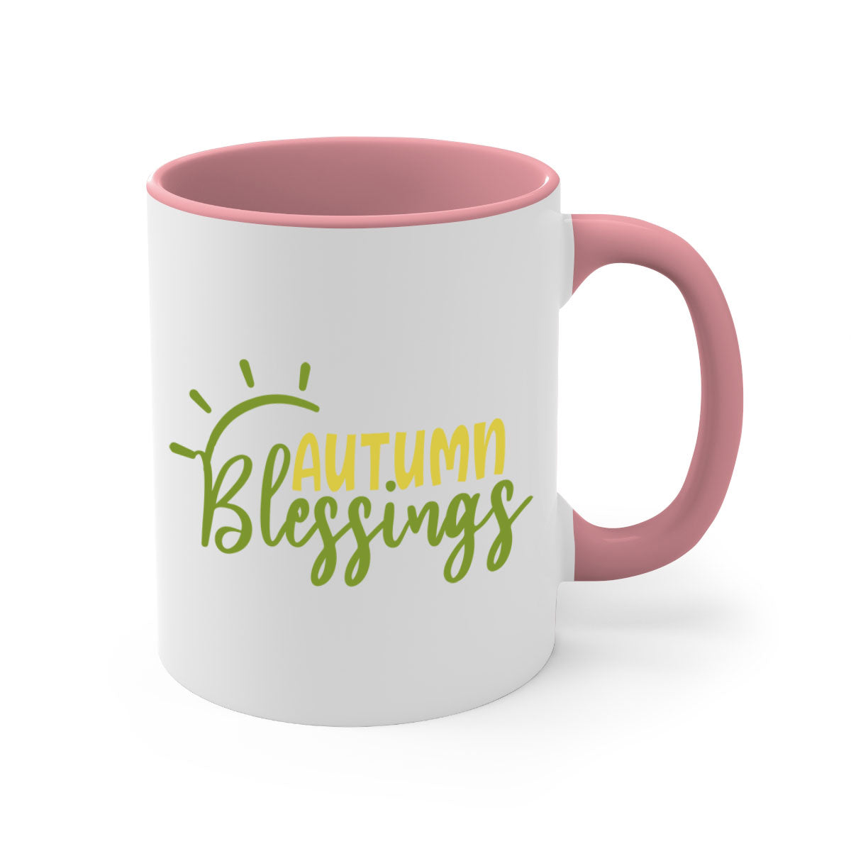 Autumn Blessings Mug featuring a two-tone design with a colored handle and glossy finish, available in multiple colors.