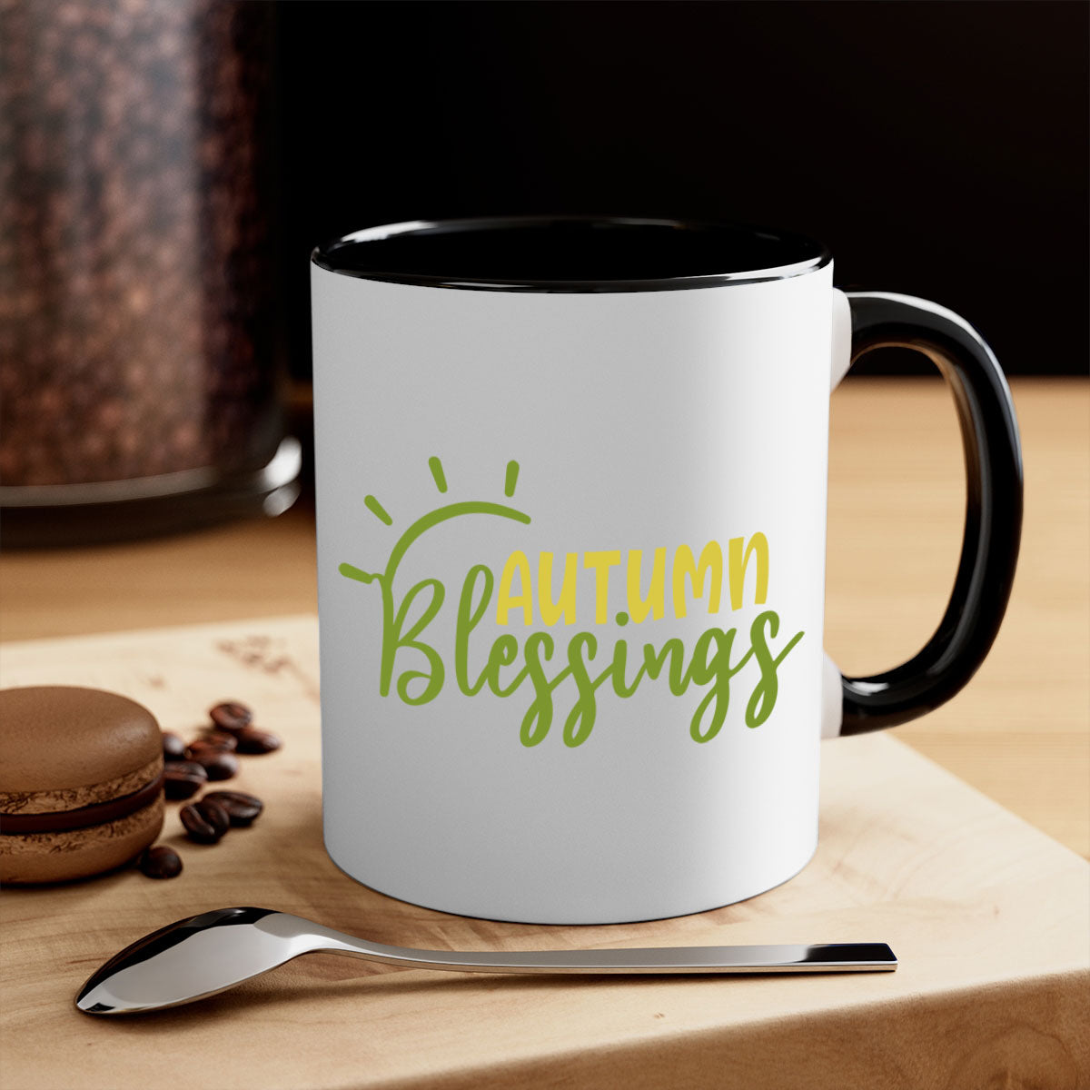 Autumn Blessings Mug featuring a two-tone design with a colored handle and glossy finish, available in multiple colors.