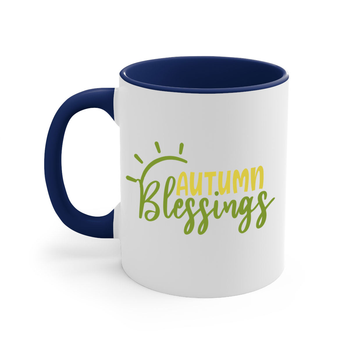 Autumn Blessings Mug featuring a two-tone design with a colored handle and glossy finish, available in multiple colors.