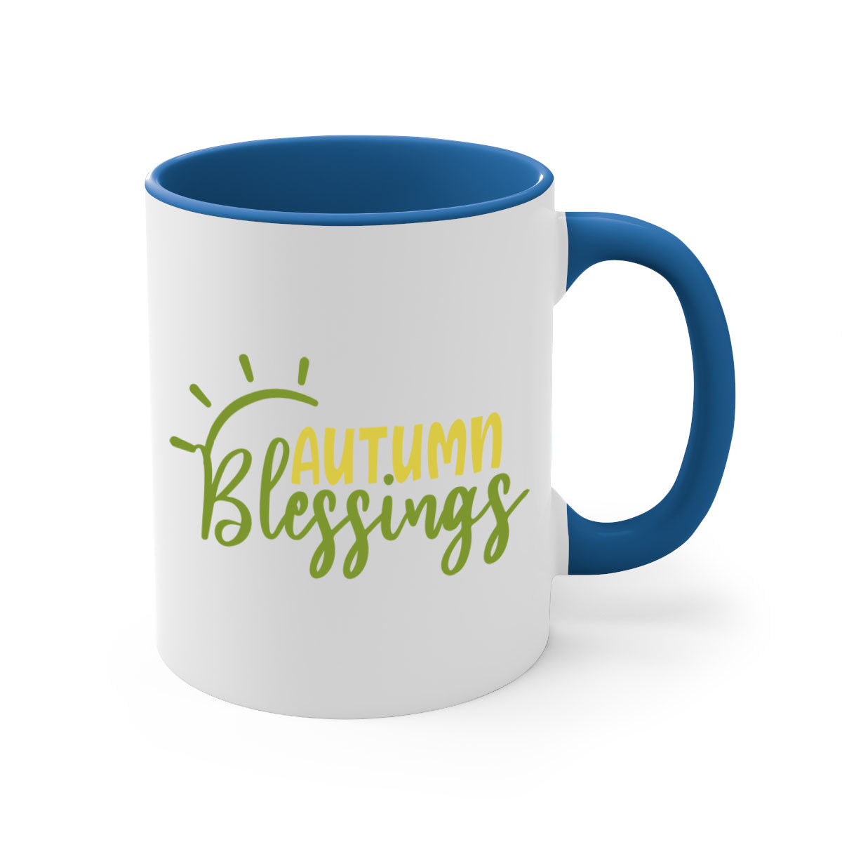 Autumn Blessings Mug featuring a two-tone design with a colored handle and glossy finish, available in multiple colors.