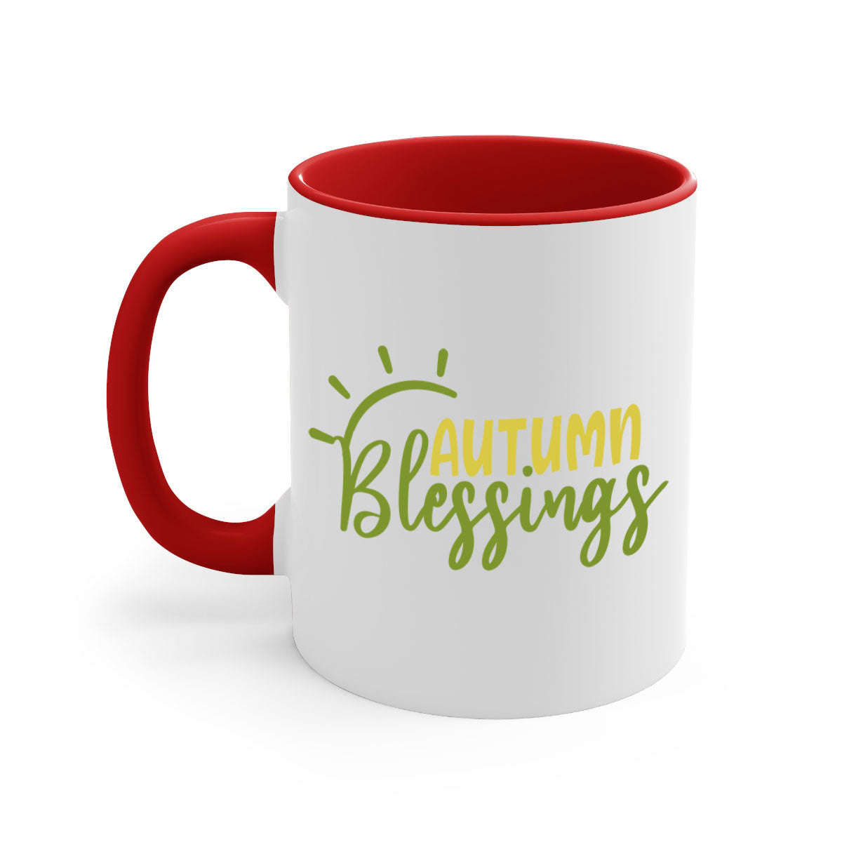 Autumn Blessings Mug featuring a two-tone design with a colored handle and glossy finish, available in multiple colors.