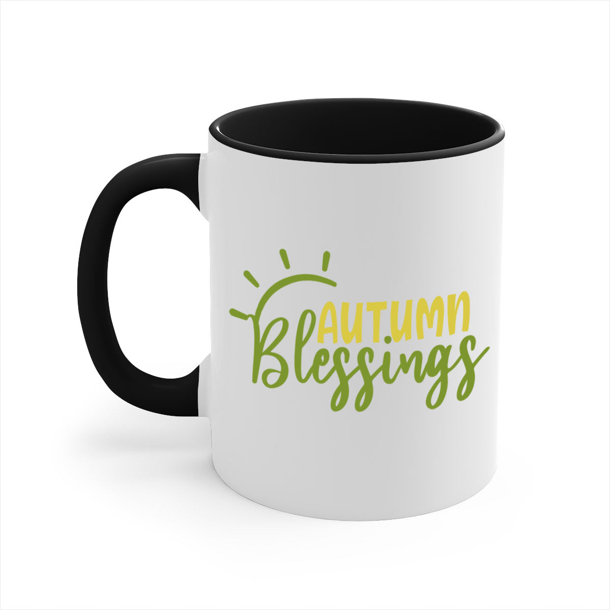 Autumn Blessings Mug featuring a two-tone design with a colored handle and glossy finish, available in multiple colors.