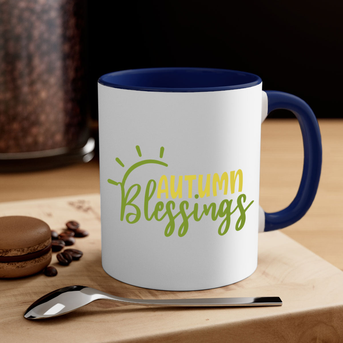 Autumn Blessings Mug featuring a two-tone design with a colored handle and glossy finish, available in multiple colors.