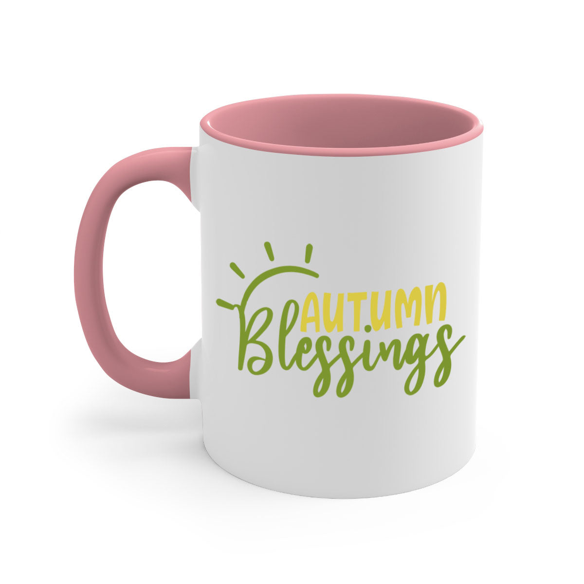 Autumn Blessings Mug featuring a two-tone design with a colored handle and glossy finish, available in multiple colors.