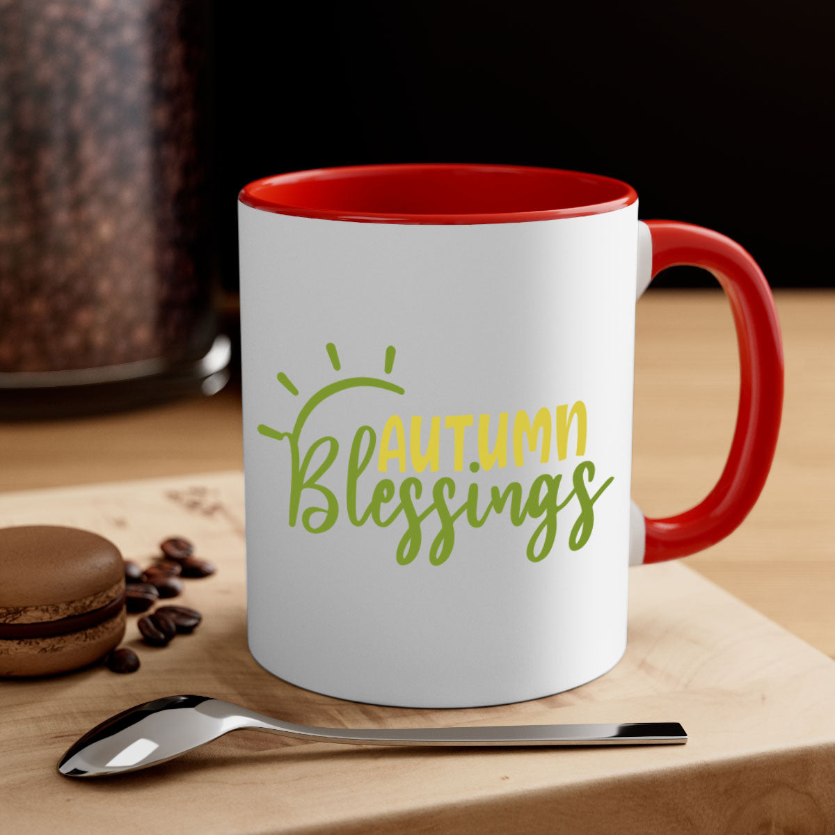 Autumn Blessings Mug featuring a two-tone design with a colored handle and glossy finish, available in multiple colors.