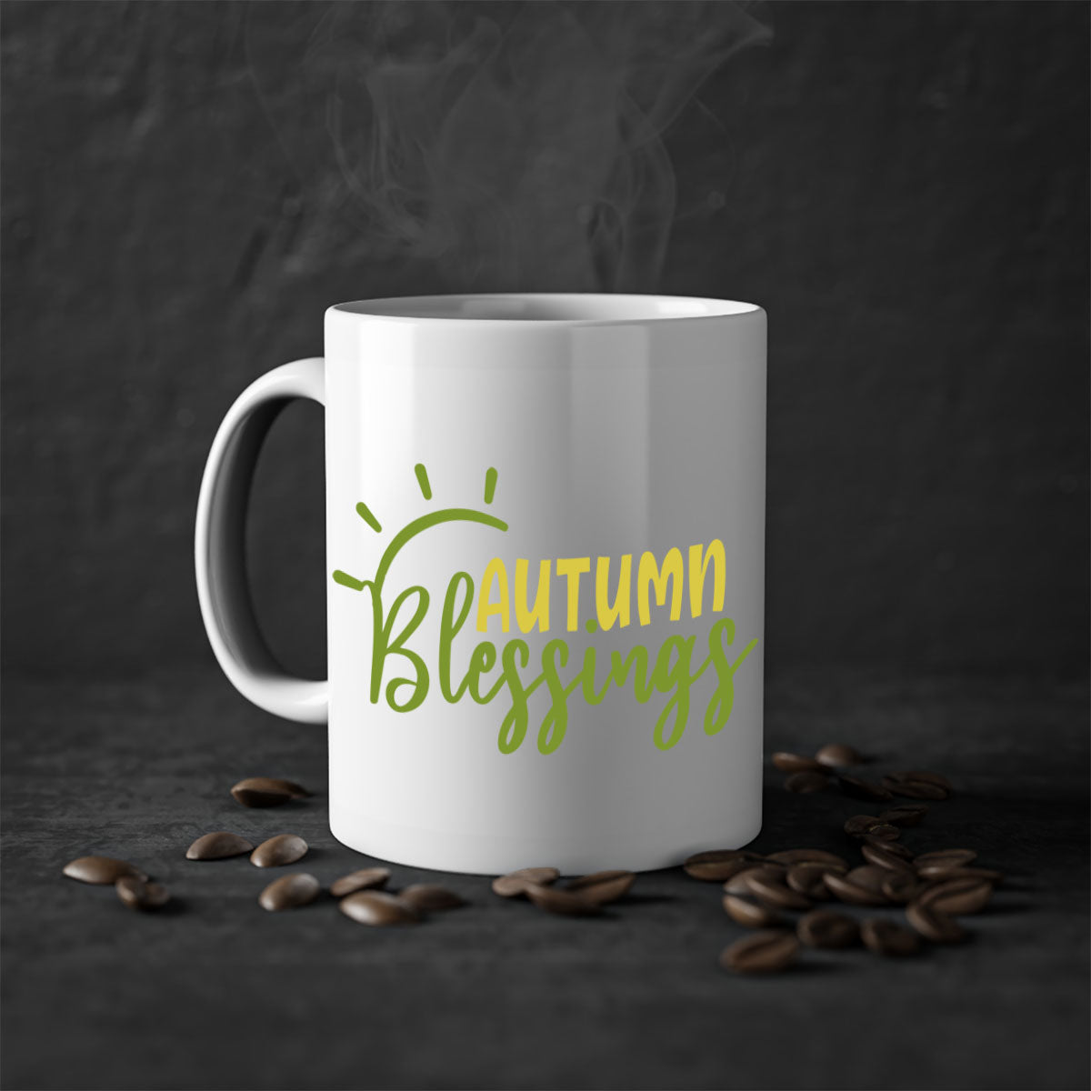 Autumn Blessings Mug featuring a two-tone design with a colored handle and glossy finish, available in multiple colors.