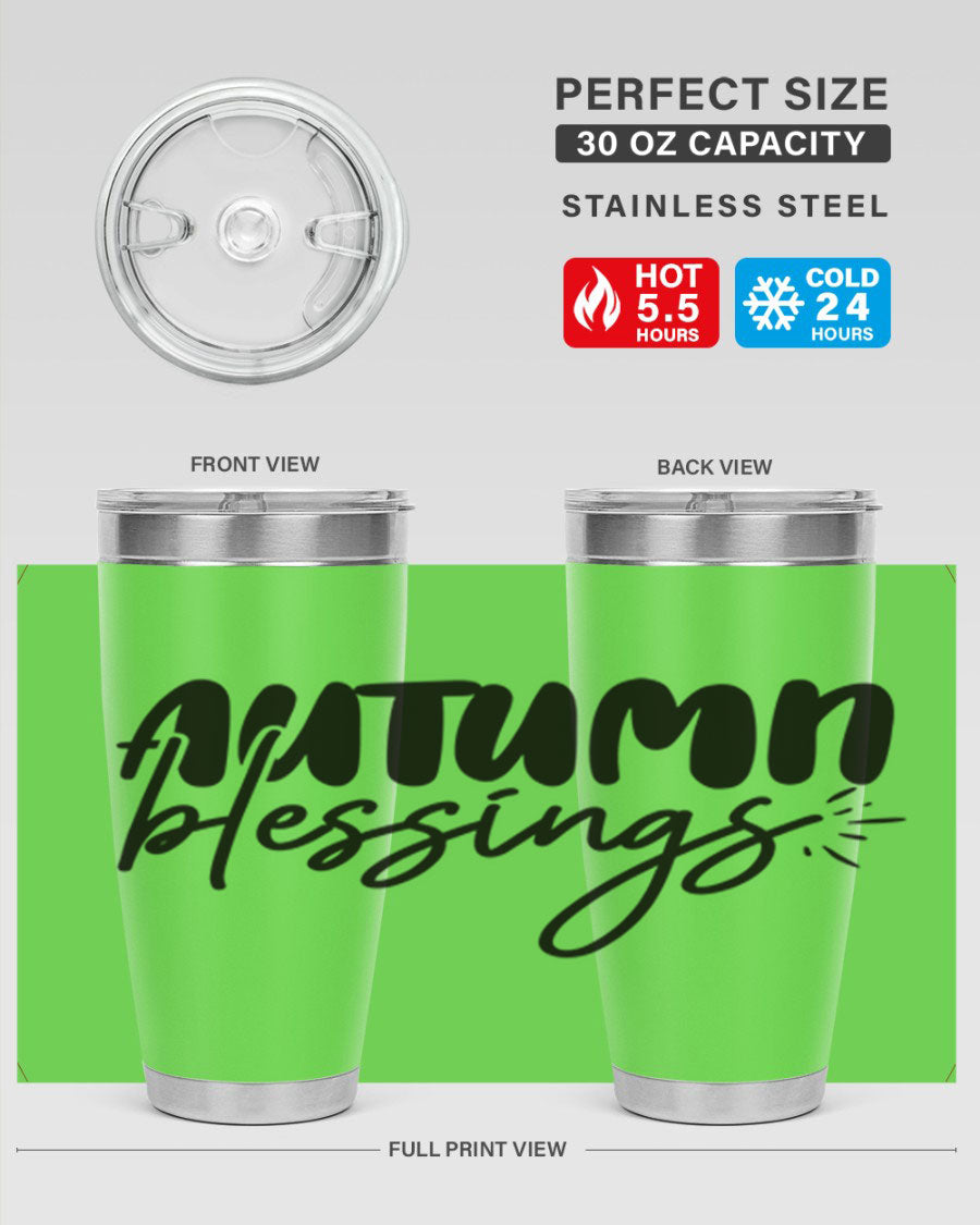 Autumn Blessings 20oz Tumbler featuring double wall vacuum stainless steel design with a festive Thanksgiving theme.