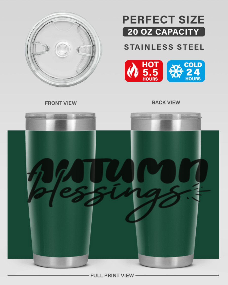 Autumn Blessings 20oz Tumbler featuring double wall vacuum stainless steel design with a festive Thanksgiving theme.