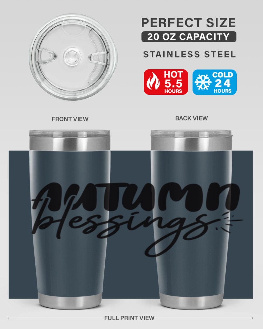 Autumn Blessings 20oz Tumbler featuring double wall vacuum stainless steel design with a festive Thanksgiving theme.