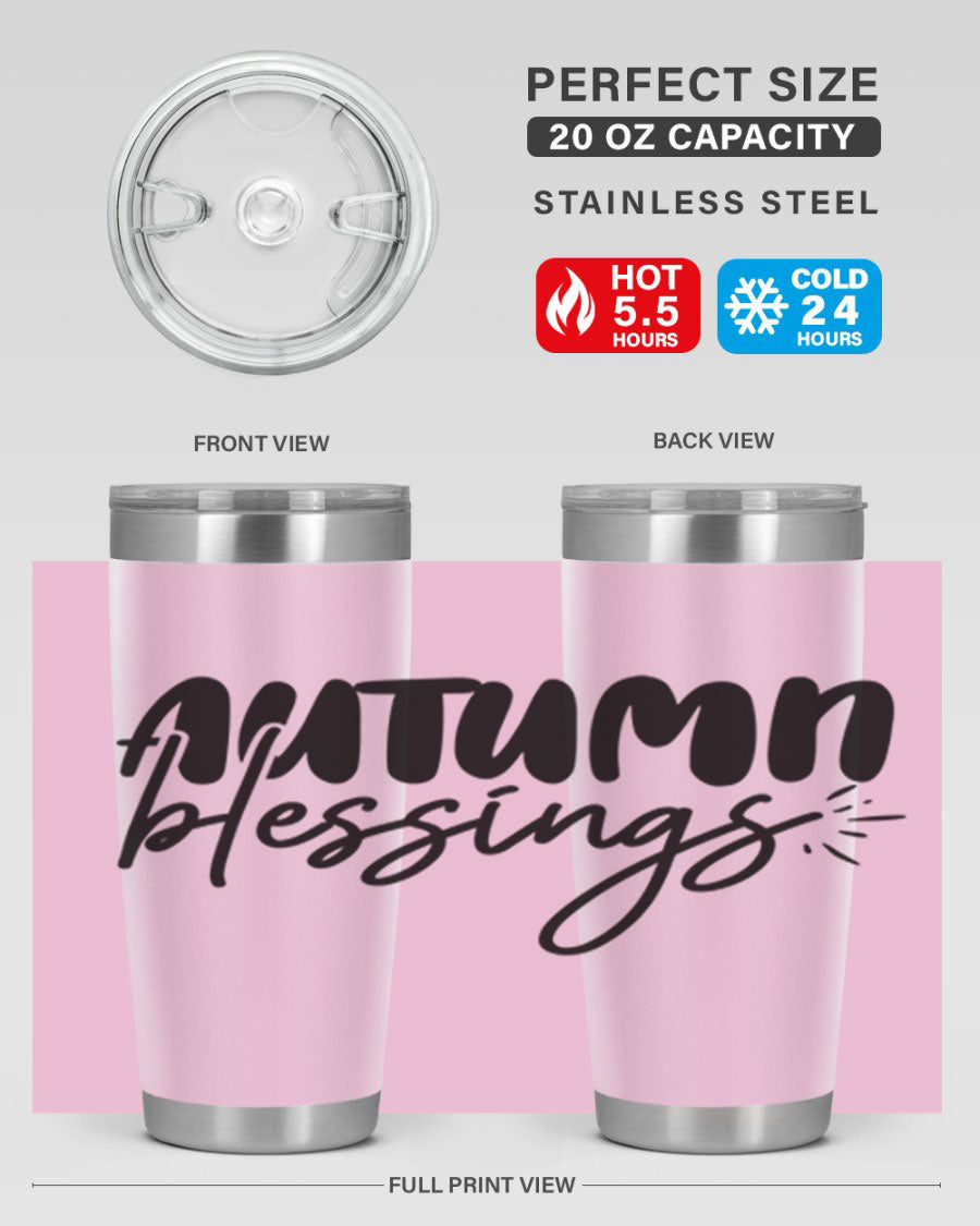 Autumn Blessings 20oz Tumbler featuring double wall vacuum stainless steel design with a festive Thanksgiving theme.