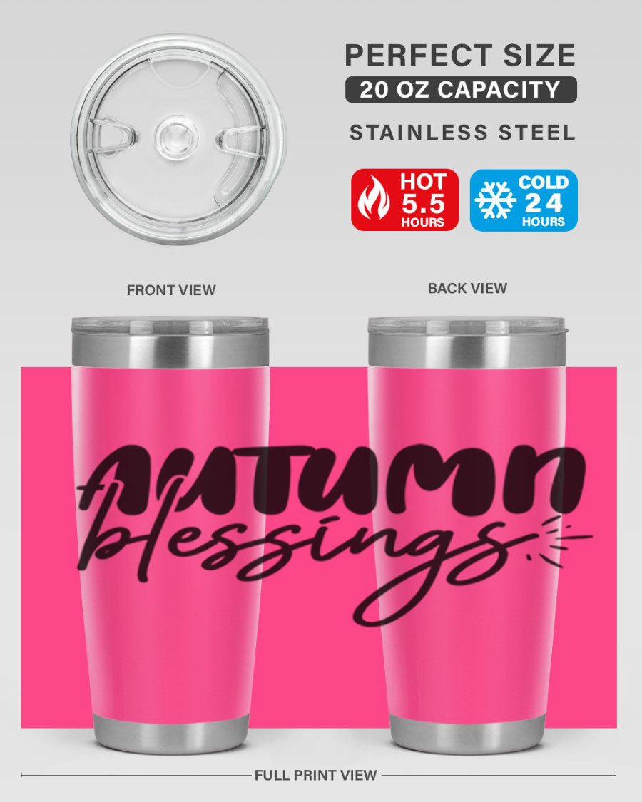 Autumn Blessings 20oz Tumbler featuring double wall vacuum stainless steel design with a festive Thanksgiving theme.