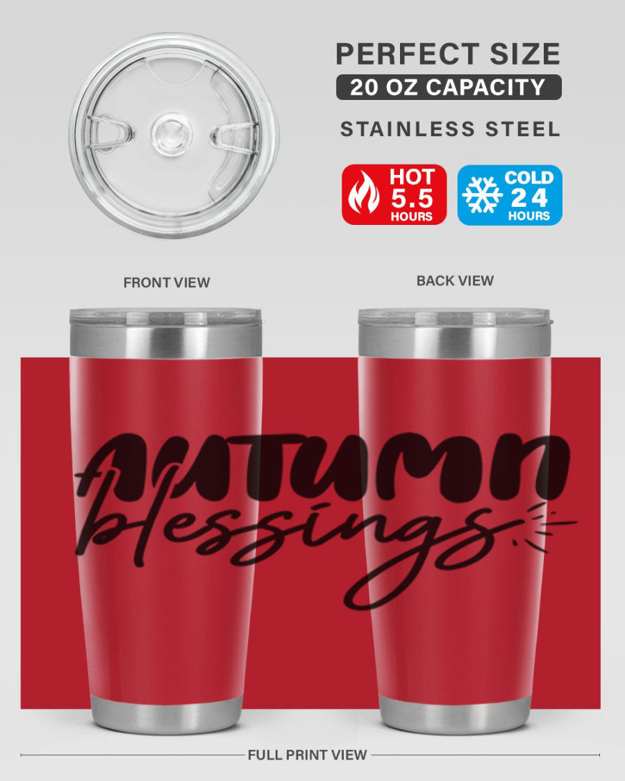 Autumn Blessings 20oz Tumbler featuring double wall vacuum stainless steel design with a festive Thanksgiving theme.