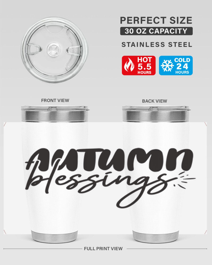 Autumn Blessings 20oz Tumbler featuring double wall vacuum stainless steel design with a festive Thanksgiving theme.